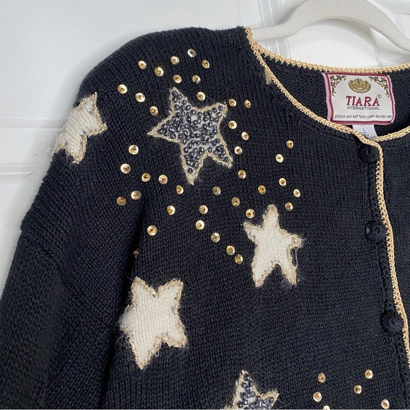 Vtg 1999 Tiara International 2000 Star Print Knit Cardigan Sweater Size Large - Picture 2 of 7